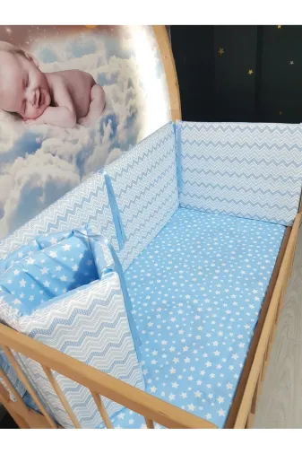 Baby Clime KOR-70130-1. 70X130 Beşik Kenar Korumalık 4 Parça - Mavi Ince Zigzag Desen (Çarşaf Hariç)