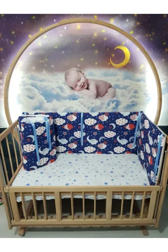 Baby Clime KOR-70130-1. 70X130 Beşik Kenar Korumalık 4 Parça - Lacivert Bulut Yıldız Desen (Çarşaf Hariç)