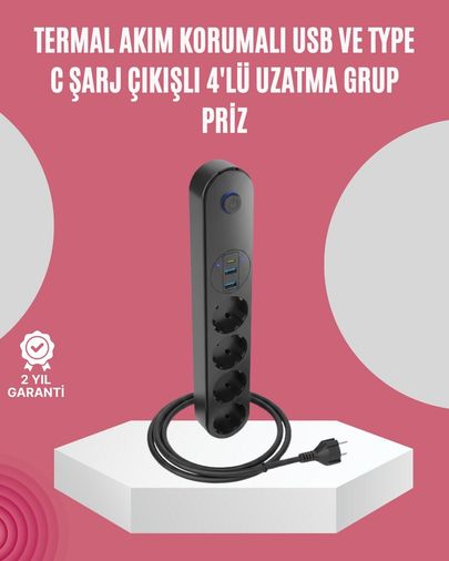 Balancelife TRİTHLTUCZZZ3402PRİZ-3-BLNCCC Led Anahtarlı Akım Korumalı Çoklu Priz 4 Priz 3 Usb Girişli 0-2