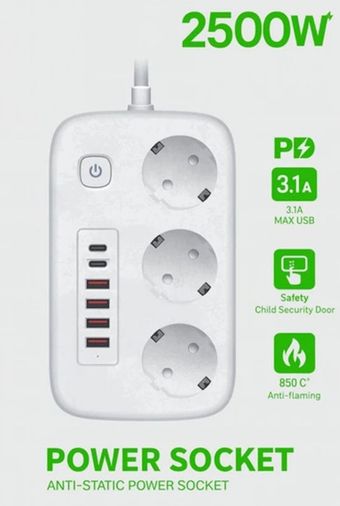 Balancelife TrLat0EM0015K-Priz 7-BLNCC Akım Korumalı Priz Ve Masaüstü Şarj İstasyonu Kablosuz 3 Priz ,4 Usb, 2 Type-C Girişli 2 Metre 0-2