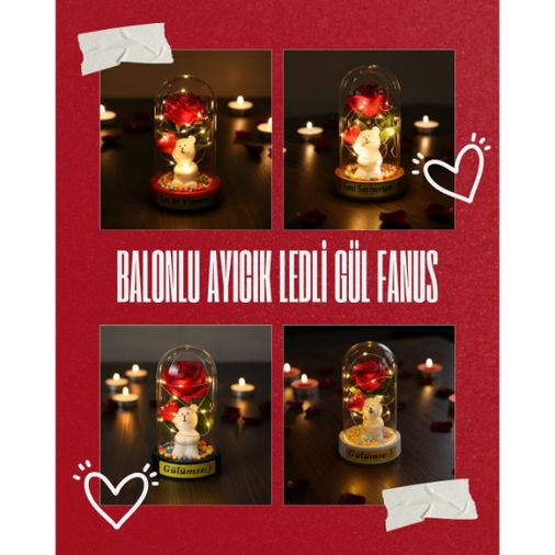 Balonlu Ayıcık Ledli Gül Fanus