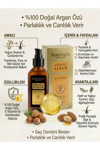 BARANADA professional arganoil Argan Yağı Saç Bakım Serumu Kuru Ve Hasarlı Saçlar İçin Onarıcı 100 Ml (3.38 Fl.oz)