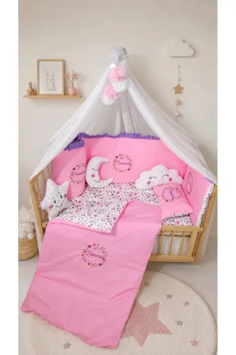 bebek_iklimi FIRKORUSN-2 60X120 Fırfırlı Nakışlı Bebek Uyku Seti - İsimli Cibinlikli Kenar Koruyucu 17 Parça