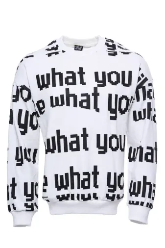 Beyaz Baskılı Bisiklet Yaka Sweatshirt - Wessi