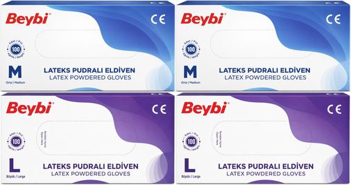 Beybi Lateks Pudralı Muayene Eldiveni M - Medium - Orta / L - Large - Büyük Karma 400 Lü Set