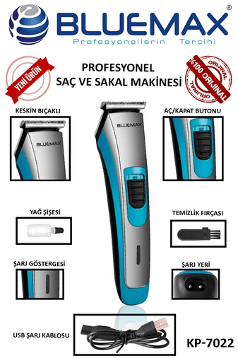 Bluemax Kp-7022 Farklı Başlıklara Sahip Kolay Temizlenebilir Profesyonel Saç Sakal Kesme Tıraş Makinesi