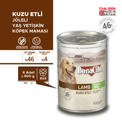 BonaCibo köp135616165 Jöleli Kuzu Etli Yaş Yetişkin Köpek Maması Yetişkin Köpekler Için Tam Yaş Mama 400 Gr X 6 Adet