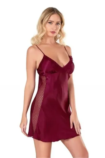 Bordo Kısa Saten Gecelik 8105
