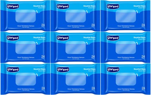 Canped Yetişkin Vücut Temizleme Islak Mendil Havlu 24 Yaprak Seyahat Boy 9 Lı Set (216 Yaprak)