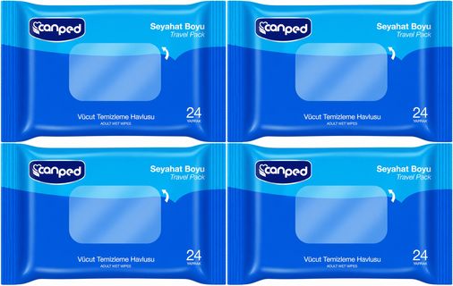 Canped Yetişkin Vücut Temizleme Islak Mendil Havlu 24 Yaprak Seyahat Boy 4 Lü Set (96 Yaprak)