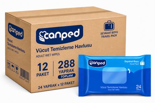 Canped Yetişkin Vücut Temizleme Islak Mendil Havlu 24 Yaprak Seyahat Boy 12 Li Set  (288 Yaprak)