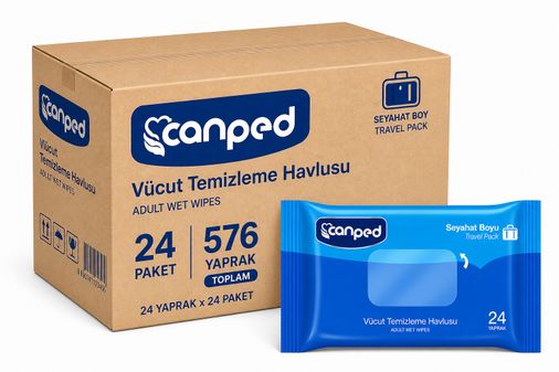 Canped Yetişkin Vücut Temizleme Islak Mendil Havlu 24 Yaprak Seyahat Boy 24 Lü Set  (576 Yaprak)