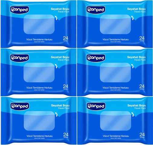 Canped Yetişkin Vücut Temizleme Islak Mendil Havlu 24 Yaprak Seyahat Boy 6 Lı Set (144 Yaprak)