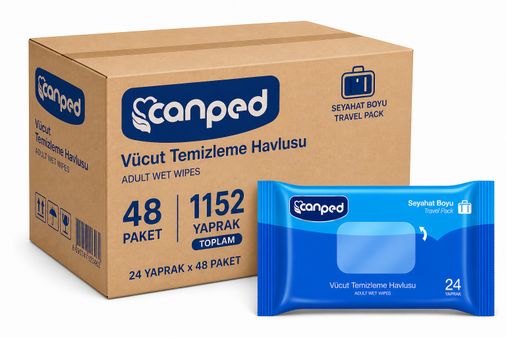 Canped Yetişkin Vücut Temizleme Islak Mendil Havlu 24 Yaprak Seyahat Boy 48 Li Set  (1152 Yaprak)