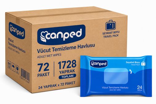 Canped Yetişkin Vücut Temizleme Islak Mendil Havlu 24 Yaprak Seyahat Boy 72 Li Set  (1728 Yaprak)