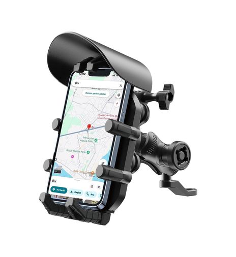 CANSA TrLat0EM0015K-Ayna2-BLNCC Ayna Bağlantılı Güneş Ve Yağmur Korumalı 360 Derece Ayarlanabilir Motosiklet Telefon Tutucu