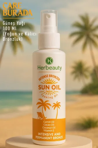 Çare Burada güneşyağı Herbeauty - Bronzlaştırıcı Güneş Yağı 100 Ml (Kakao Yağı, Havuç Yağı, E Vitamini)