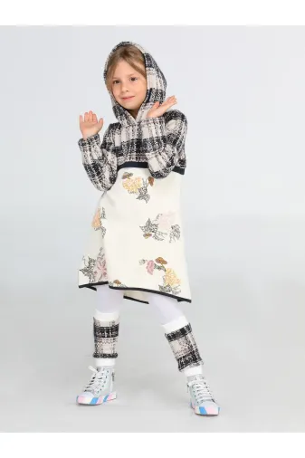 Casabony CS-23K-028 Ekose Baskılı Hoodie Kız Elbise + Tozluk Takım