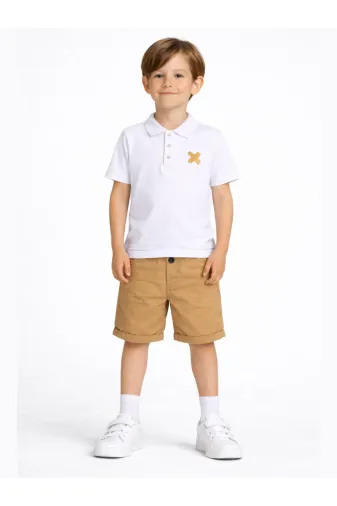 Casabony CS-24Y-048 Bej Gabardin Şort & Beyaz Polo T-Shirt Takım