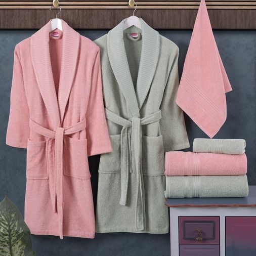 Casual %100 Saf Pamuk Aile Bornoz Seti Pembe Su Yeşili