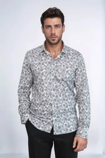 Çiçek Desenli Slim Fit Koyu Gri Erkek Gömlek - Wessi - L / Siyah