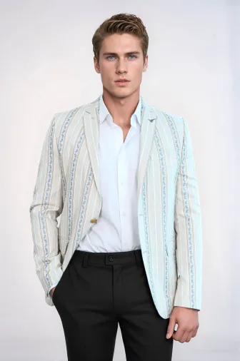 Çizgili Bej Slim Fit Ceket - Wessi