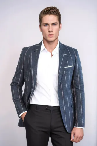 Çizgili Slim Fit Füme Erkek Ceket - Wessi