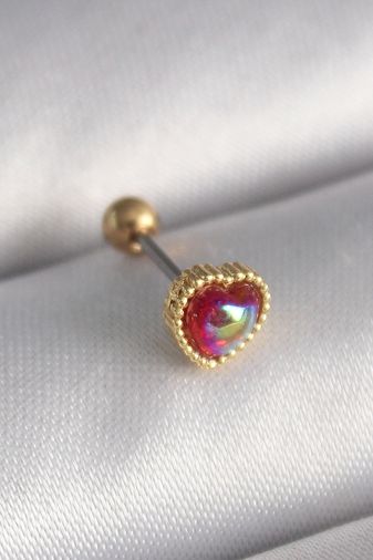 Clariss PR1266-BLNC 316L Çelik Gold Renk Kırmızı Mineli Kalp Tragus Piercing Gümüş