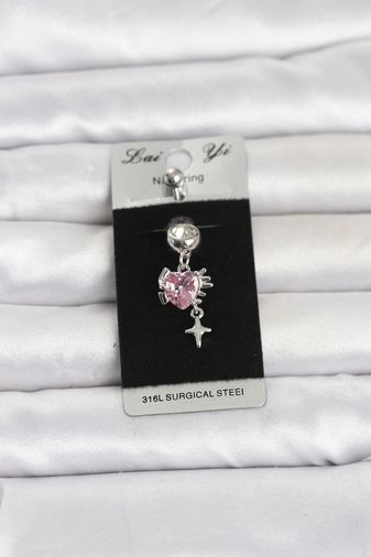 Clariss PR1408-BLNC 316L Cerrahi Çelik Pembe Zirkon Taşlı Model Göbek Piercing Çok Renkli