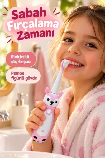 Çocuk Elektrikli Diş Fırçası Pembe Geyik Figürlü Şarjlı