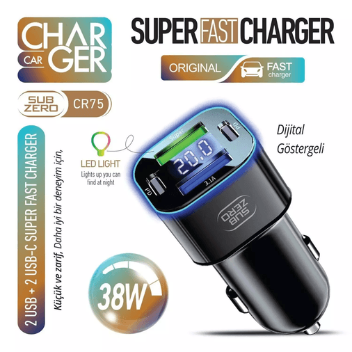 CR75CR75 Subzero Cr75 38W 2Usbx2Pd Giriş Digital Göstergeli Süper Fast Rgb Araç Şarj Başlığı