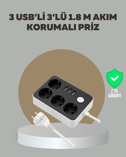 Ctstones 120386626 Mey İthalat 4 Prizli 3 Usb Portlu Anahtarlı Akım Korumalı Priz