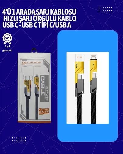 Ctstones 120386666 Mey İthalat Usb-C Ve Lightning Uyumlu 4'ü 1 Arada Kablo 65W Hızlı Şarj, Örgülü Dayanıklı Yapı