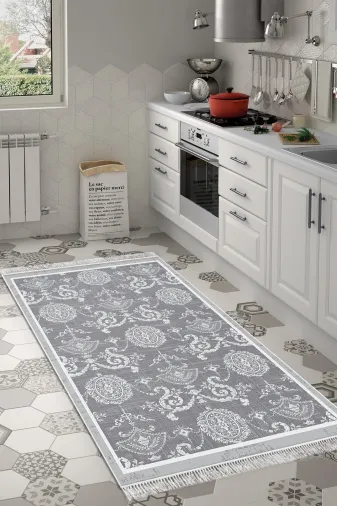 Dekoreko 1861MP1-8 Kaymaz Taban Djt Mutfak Halısı Star Pamuk Saçaklı Modern 1861M Gri