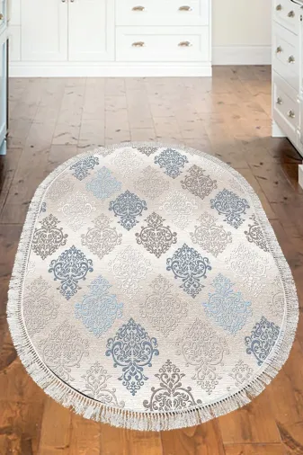 Dekoreko 674MK1-2 Kaymaz Taban Djt Mutfak Halısı Trend Saçaklı Oval Modern 674M Bej