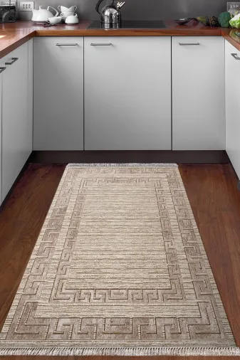Dekoreko F5036P1-8 Kaymaz Taban Djt Mutfak Halısı Star Pamuk Saçaklı Modern F5036 Kahve