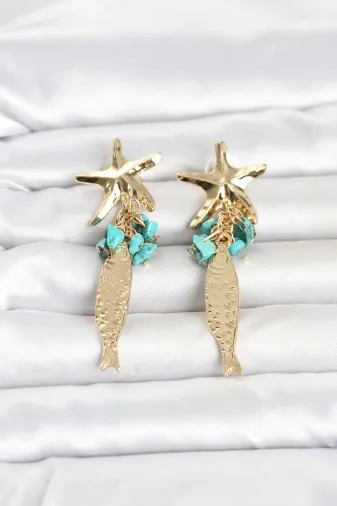 Deniz Yıldızı ve Balık Detaylı Mavi Taşlı Gold Renk Kadın Küpe TJ-BKP11794