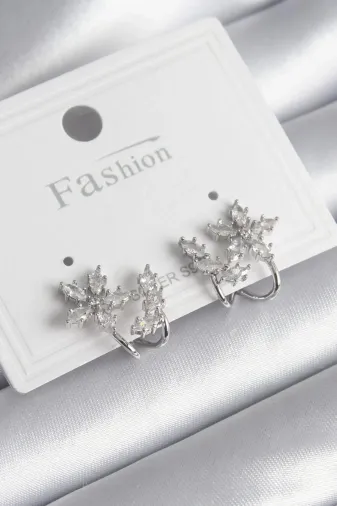 DGY STORE EmrBXebBKP9740 Pirinç Gümüş Renk Zirkon Taşlı Çiçek Model Kadın Küpe