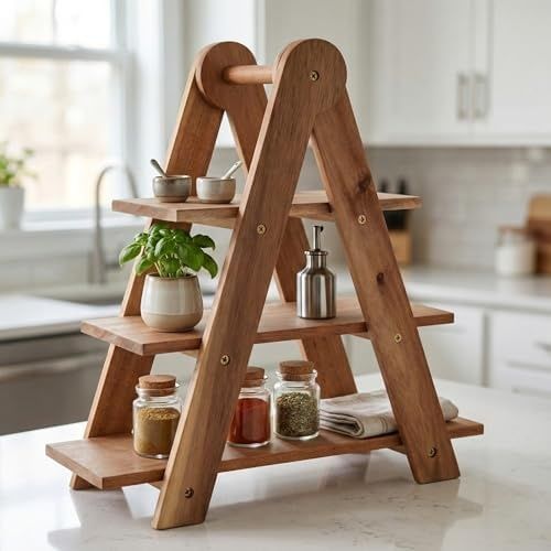 Diğer 126629504 Doğal Akasya Ahşap 3 Katlı Sunum Standı - 37X12.3X37.5 Cm Çok Amaçlı Katlı Servis Tepsisi, Kurabiyelik Ve Peynir Sunumluğu