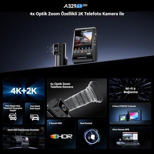 Diğer 126661704 A329T 2 Kameralı Ön+Arka 4K 60Fps+2K Wi-Fi 6 Hdr Starvıs 2 Sensör Gps'li Ssd Destekli Araç Kamerası
