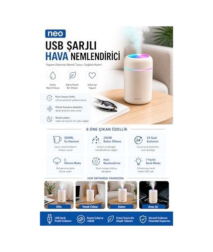 Diğer 131573115 Neo Şarjlı Hava Nemlendirici 300Ml Rgb Işıklı Type-C Buhar Makinesi Sessiz Ortam Nemlendirici Aroma Difüzörü 1 Adet Filtre Hediye