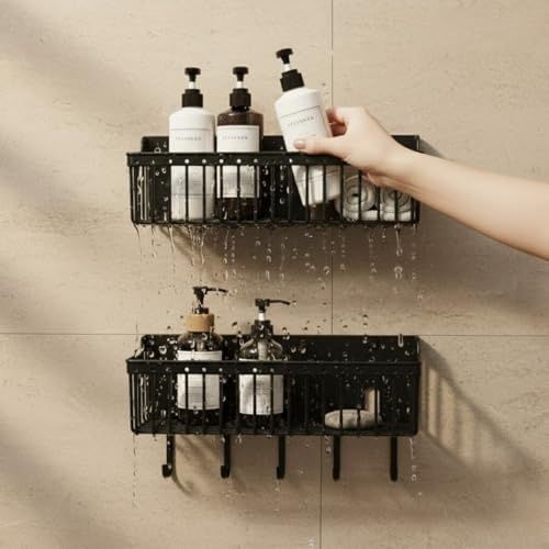 Diğer 131600168 Yapışkanlı Plastik Siyah Banyo Ve Mutfak Rafı Su Tahliyeli Duş Organizeri, Askılı Düzenleyici 2 Li Set 25 Cm