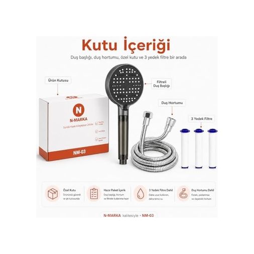 Diğer 131606438 Sogud Duş Başlığı Seti Antrasit Gri - 150 Cm Hortumlu Filtreli Arıtmalı El Duşu - 6 Fonksiyonlu Yüksek Basınçlı Model - 3 Yedek Filtre Kartuşlu Kireç Önleyici Su Tasarruflu Enerji Sınıfı A++