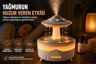 Diğer 131740209 Yağmur Efektli Hava Nemlendirici Ultrasonik Buhar, Sessiz Çalışma, 7 Renk Led Işık, Zaman Ayarlı 2H/4H/8H , Otomatik Kapanma, Aromaterapi Uyumlu