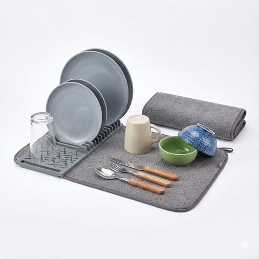 Diğer 57858324441507099283959 Mikrofiber Su Emici Bulaşıklık Matı 37X60 Cm Tezgâh Üstü Bulaşık Kurutma Matı, Kaymaz Su Emici Mutfak Matı, Katlanabilir Tabaklık Süzgeçli Plastik Sepetli Kurulama Örtüsü Gri Açık Gri