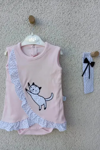 DMR Elegance DMR-BABY-BBYXML-1532794167188 Kız Bebek Pembe Kedili Fırfırlı Bandanalı Badi