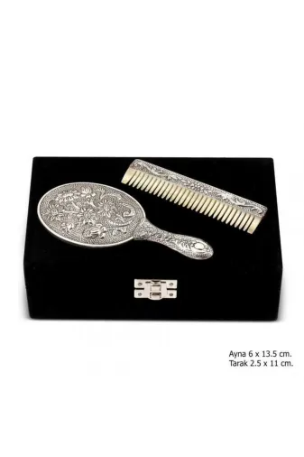 DMR Elegance DMR-GMSH-BRKD-KR2550045 Papatya Motifli Ayna Tarak Gümüş Set
