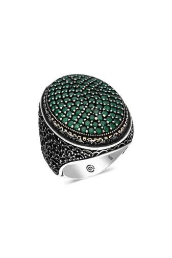 DMR Elegance DMR-GMSH-BRKD-MR11002697 Gümüş Yeşil Zirkon Taşlı Oval Erkek Yüzük