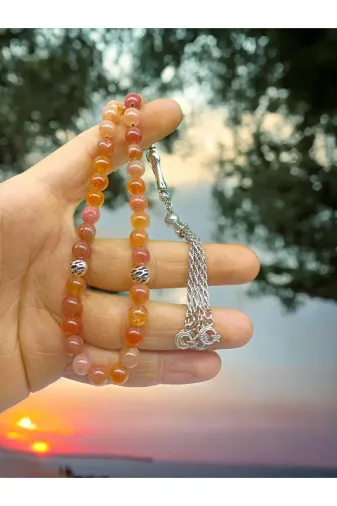 DOĞAL TAŞ CENNETİ TESBİH17 Doğal Taş Güneş Taşi Tesbih(Gümüş Kaplama)(Sertifikali Özel Kutusunda)