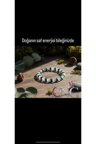 Doğaltaş GNGBH26839 Gng Silver Kristal Kuvars Doğal Taş & Ahşap Boncuklu Özel Tasarım Bileklik -Boho Tarz